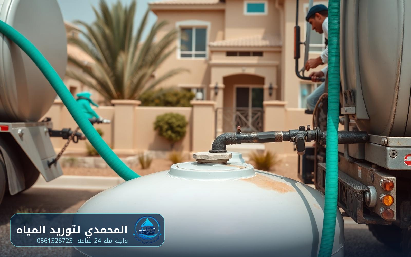 وايت ماء بالقطيف — توصيل خرطوم الوايت بفتحة خزان الفيلا أثناء التعبئة